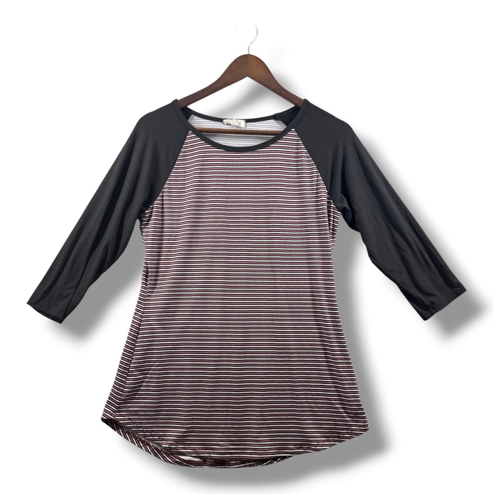 Ultra Flirt Womens Raglan Striped Baseball Top Burgundy Black 3/4 Sleeve XL